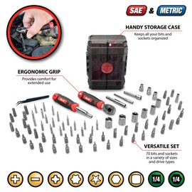 Performance Tool W1745 78 Pc. Ratcheting Driver Tool Set, 1/4 in. Drive Ratchet, Bit Driver, Extensions, Bit Holders, Bits and Sockets, Storage Case, Red