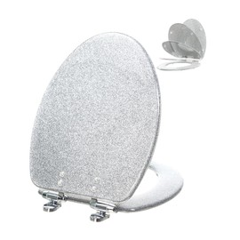 Toilet Seat Resin Elongated Silver Glitter Slow Quiet-Close Heavy Duty Decorative Acrylic Seats for Standard Toilets, Easy to Install also Easy to Clean (19 Inch, Silver Glitter, Upgraded hinge)
