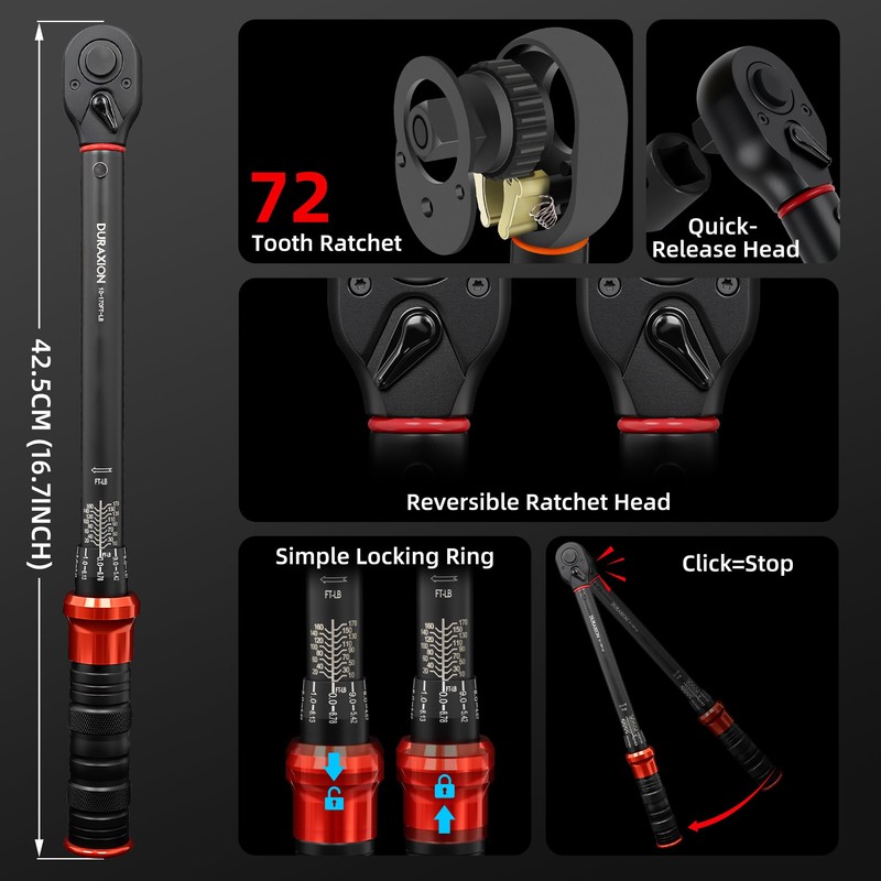 23PCS 1/2-Inch Drive Torque Wrench Set, 10-170FT.LB/13.6-230.5Nm, 1/2 Drive Click