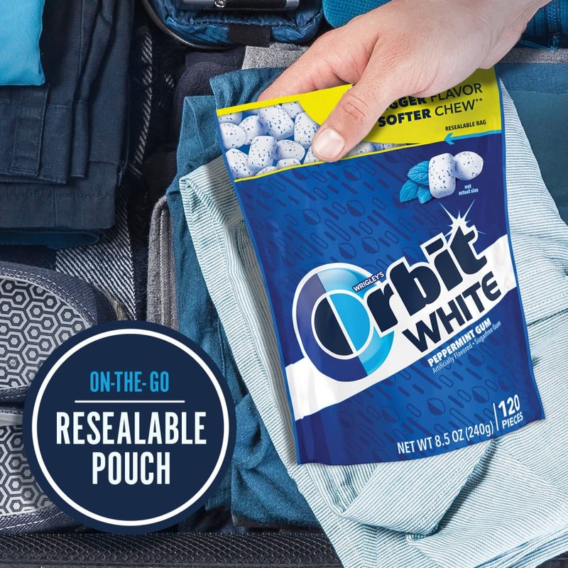 ORBIT WHITE Peppermint Gum - Sugar-Free Chewing Gum, Resealable Bag