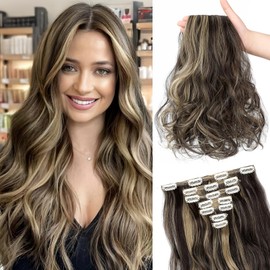 Soulwigger Clip in Hair Extensions, 22 Inch 6 PCS Natural Curly Soft Synthetic Hair Extensions Clip ins, Dark Brown Mix Ash Blonde Long Wavy Hairpiece for Women