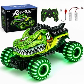 Bugrtarey Remote Control Monster Truck Toys for Kids, 1:18 Scale RC Car with Bright Lights, 2.4GHz All Terrain Vehicle, Dinosaur Toys for Boys and Girls, Birthday for Ages 6+
