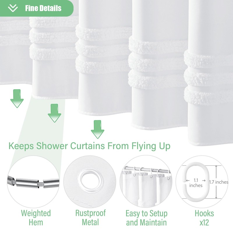 Dynamene White Fabric Shower Curtain, Tufted Chenille Striped Textured Cloth