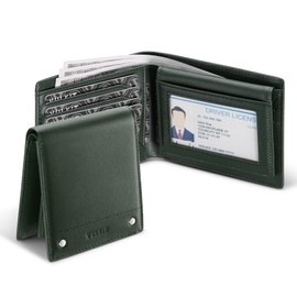 VULKIT Men's Bifold Wallet Genuine Leather Wallet RFID Blocking with Multiple Card Slots and Double ID Windows Everyday Carry Wallet, Nappa Green, Classic