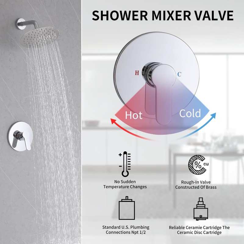 Shower Valve Handle, Bathroom Shower Mixer Valve Kit, Wall Mount