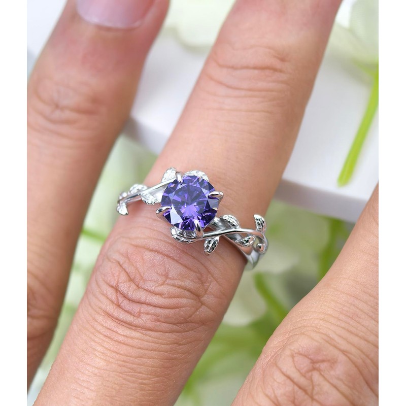 Wasee Sterling Silver Amethyst Leaf Ring, Size 7, Round, Birthstone