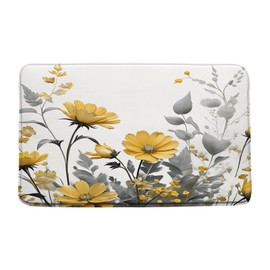 Sunhe Yellow Flower Bath Mat Rustic Farmhouse Watercolor Yellow Floral Gray Leaves Modern Romantic Nature Plant Vintage Memory Foam Home Office Door Bathroom Decor Mat,17.8"x29.5"