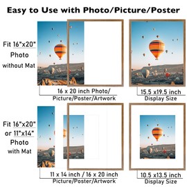 JCJMY 16x20 Picture Frame with 11x14 Mat, Display Photo 11x14 with Mat or 16 x 20 Without Mat, Wall Hanging Large 16 by 20 Poster Frame with Plexiglass, Rustic Brown