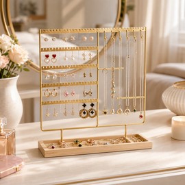 Metal Jewelry Organizer Stand with Wooden Tray, Multi-Tier Earring, Necklace, Bracelet, Watch and Ring Display Holder