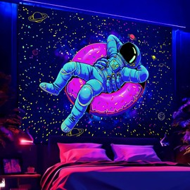Miytal Blacklight Space Astronaut Tapestry, UV Reactive Funny Doughnut Aesthetic Tapestries, Cool Star and Planet Spaceman Wall Hanging for Bedroom, Living Room - 59.1" x 80"