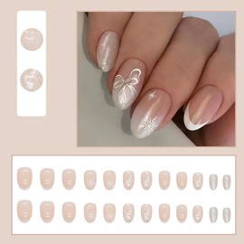 Christmas Press on Nails Medium Almond French Tip Fake Nails Nude Pink Full Cover False Nails with White Snow Bow Pattern Designs Glitter Christmas Nails Acrylic Artificial Nails for Wome