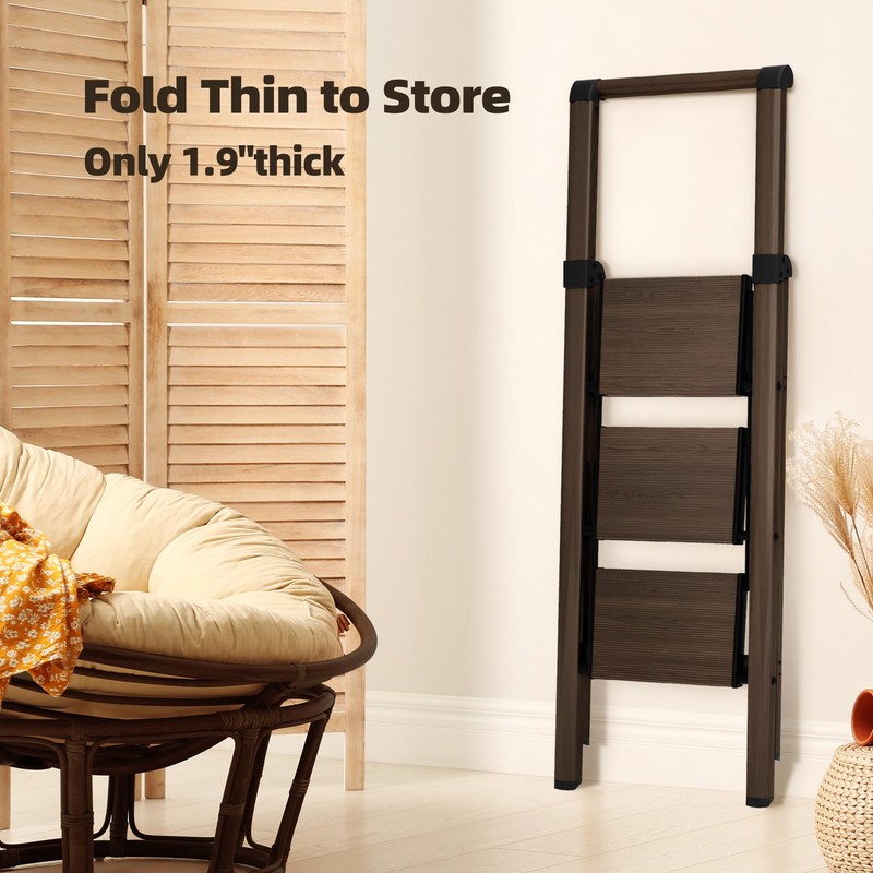 HillhutApex 3 Step Foldable Aluminum Step Ladder with Handgrip, Anti-Slip
