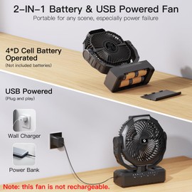 Battery Operated Fan [200H Max], 2 in 1 D-Cell Battery & USB Powered Fans, Portable Camping Fan with 4 Speeds, Light, Timer, Remote for Outdoor Tent, Travel, Picnic, Office, Bedroom - Black