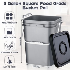 Vesici 6 Pcs 5 Gallon Food Grade Square Buckets with Lids 5 Gal Plastic Food Storage Square Bucket Heavy Duty Industrial Pail Container with DIY Label Stickers Handles for Water Painting(Gray)