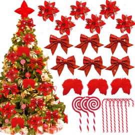 Abitoncc 24 PCS Red Christmas Tree Decorations, Red Artificial Poinsettia Flowers, Red Foam Bows, Red Feather Wings, Christmas Candy Canes Ornaments for Christmas Decorations Red
