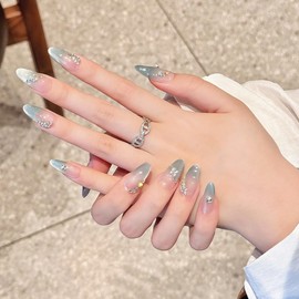 Handmade Press on Nails - Medium Pointed Almond Shape, Fake Nails Short Oval, Reusable Acrylic Stick on False Nails Kit for Women/K11-S