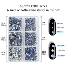 Blinginbox Hot Fix Rhinestones for Clothes Shoes Bags Phone Wallet Crafts Nail Art Flatback Gemstone Round Glass Crystal Mixed 6 Sizes Kit With Tweezers, Wax Penci and Sharpener Of 1200PCS Moonlight