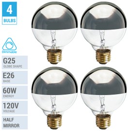 KOR (4 Pack) G25 Incandescent Light Bulb, Silver Half Chrome Crown with Mirror Reflect Glare-Less Finish, Decorative Globe 120 Volts, Lamp Shape, Medium Base, E26 Base, Dimmable. (25 WATT)