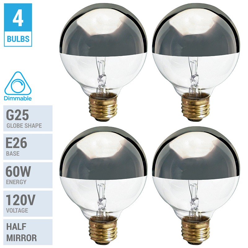 KOR (4 Pack) G25 Incandescent Light Bulb, Silver Half Chrome