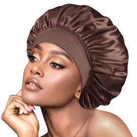 BONNET QUEEN Silk Bonnet for Sleeping Women Satin Bonnet Hair Wrap with Elastic Wide Band Sleep Cap for Curly Hair Anti Frizz Night Cap, Brown