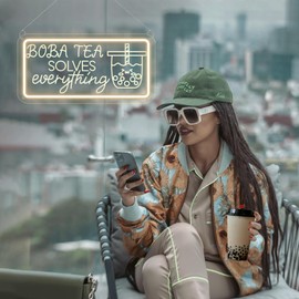 Boba Tea Sloves Everything Neon Signs Dimmable Bubble Milk Tea Neon Sign Boba Tea Led Sign for Wall Food Drink Restaurant Lights Neon Wall Decor Light Up Signs for Dessert Shop Decor