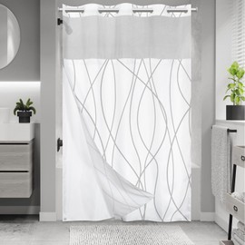 LXBNI No Hook Grey White Striped Stall Shower Curtain with Snap in Liner Set - Hotel Shower Curtain and Liner Set with See Through Mesh Top Window,Machine Washable, 54x80 INCH
