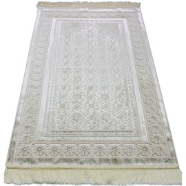 Modefa Velvet Prayer Rug - Soft Plush Turkish Janamaz Sajada Carpet for Men and Women - Plain Solid Prayer Mat Ramadan Eid Gift - with Prayer Beads - Luxury Floral Stamp (Ivory)