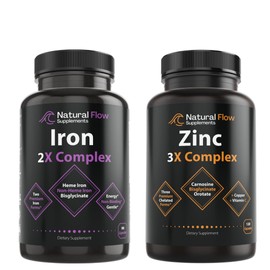 Natural Flow Supplements Zinc Supplement Complex with Copper and Vitamin C - Natural Flow 3X Zinc Carnosine and Iron Supplement 2-in-1 Complete Complex - Natural Flow 2X Heme and Chelated Non Heme Iron Bisglycinate