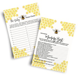Mama to Bee Baby Shower Games - 25 Each - Baby Name Race & Who Knows Mommy Best - Fun Gender Neutral Baby Games - Bumblebee Favors & Theme Ideas - Two-Sided Cards