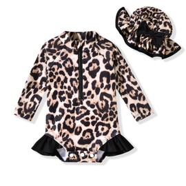 18-24 Months Baby Girls One Piece Long Sleeve Swimsuit Cheetah Leopard Bathing Suit Zip Up Swimwear Beach Wear