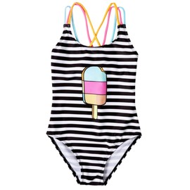 stylesilove Little Girls Sweet Popsicle Striped One-Piece Swimsuit Bathing Suit Beach Swimwear (M/2T) Black