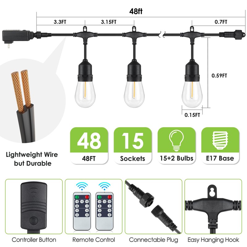 Larkvue 48FT Outdoor String Lights with Remote, Dimmable Patio Lights