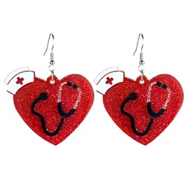 Nurses Day Earrings for Women Cute Nurses Uniform Hat Stethoscope Dangle Earrings Glitter Heart Acrylic Drop Earrings Creative Teeth Pill Stud Earrings Nurses Week Appreciation Gifts-Style 2