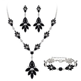 BriLove Wedding Bridal Jewelry Set Marquise Rhinestone Crystal Teardrop Necklace Earring Bracelet Gift for Women Brides Black Silver-Tone