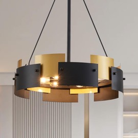 XINGQI Modern Black and Gold Chandelier Office Drum 6 Lights 19.7" Round Pendant Lighting Fixture for Dining Room Living Room Kitchen Island