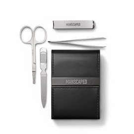 MANSCAPED® Shears 2.0 Kit de uñas para hombre de acero inoxidable templado, cortaúñas, tijeras de seguridad, pinzas y lima de uñas, set de manicura y pedicura de viaje, kit de 4 piezas con estuche