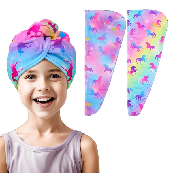 MHJY Microfibre Hair Towel Wrap Kids 2 Pack Head Towel Wrap Girls Rapid Drying Hair Turban Unicorn Wet Hair Ultra Absorbent Twist with Button Head Dry Hat for Women Child