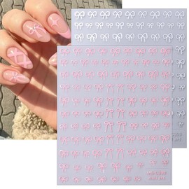 French Crystal Bows Nail Art Stickers Cute Nail Decals 3D Self-adhesive Pegatinas Uñas Gold Black White Blue Pink Bow Design Nail Stickers for Nail Art Supplies for Women Girls DIY Nail Decor 6 Sheets