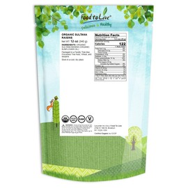 Food to Live Organic Sultana Raisins, 12 Ounces - Non-GMO, Unsweetened, Unsulfured, Lightly Coated with Organic Sunflower Oil, Vegan, Paleo Friendly, Bulk. No Sugar Added. Vitis Vinifera Linne