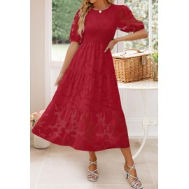 ZESICA Women's 2025 Summer Short Puff Sleeve Crewneck Smocked Floral Lace Flowy A Line Tiered Maxi Dresses,Red,X-Large