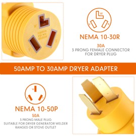 Kanayu Dryer Adapter Compatible with NEMA 10-50P to 10-30R, 3 Prong 50amp Male Plug to 30 Amp Female Connector Adapter, Dryer Receptacle for Old Style(Yellow)