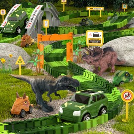 iHaHa Dinosaur Toys Race Car Track，Dinosaur Toys Toys 1-3 3-5，6 PCS Dino Car，2 Dino and Flexable Race Track Create A Dinosaur Road Toys for 3 4 5 6 Year Old Boys