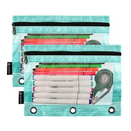 Teal Turquoise Green Binder Pencil Pouch for 3 Ring Pencil Pouch with Zipper Clear Window Pencil Case Pencil Pouches Bags for Office Travel Daily Cosmetic, 2 Pack