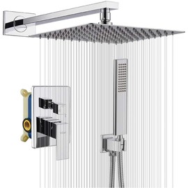 IRIBER Rain Shower System with 10 Inch High Pressure Ultra Thin Rain Shower Head and Handheld Bathroom Luxury Rainfall Polished Chrome Shower Set Included Shower Faucet Mixer Valve and Shower Trim Kit