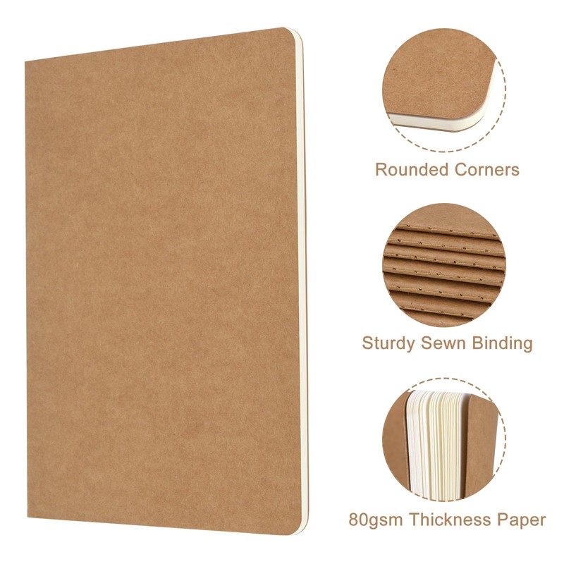 ZCZN A5 Notebook, 5 Pack Kraft Cover Lined Notebooks, 60