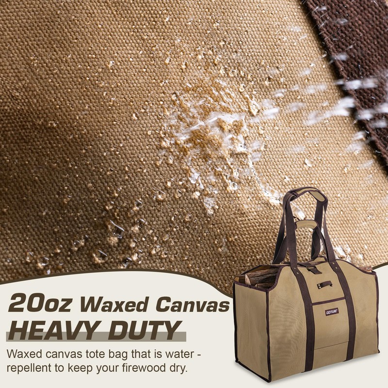 Goture 20oz Waxed Canvas 23.8×11.8×19.6 inch Firewood Carrier Bag, Waterproof