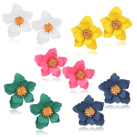 Mintolex Summer Beach Flower Earrings for Women Boho Matte Stud Earrings Layered Flower Petals Earrings with Gold Flower Bud Pink Blue White Yellow Green Pack of 5 Pairs