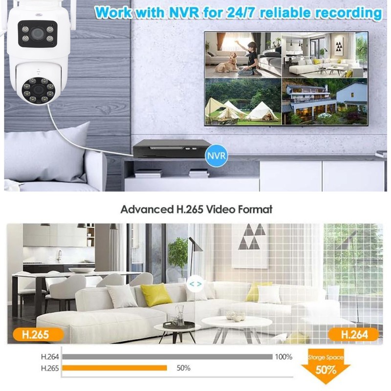 PTZ Security Camera WiFi Dual Lens 4MP Night Vision Motion