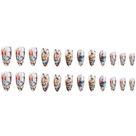 Easter Press on Nails Cute Bunny Fake Nails Medium Almond False Nails with Retro Flower Design Full Cover Glossy Acrylic Nails Stick on Nails for Women Girls Easter Nail Art Decoration 24Pcs