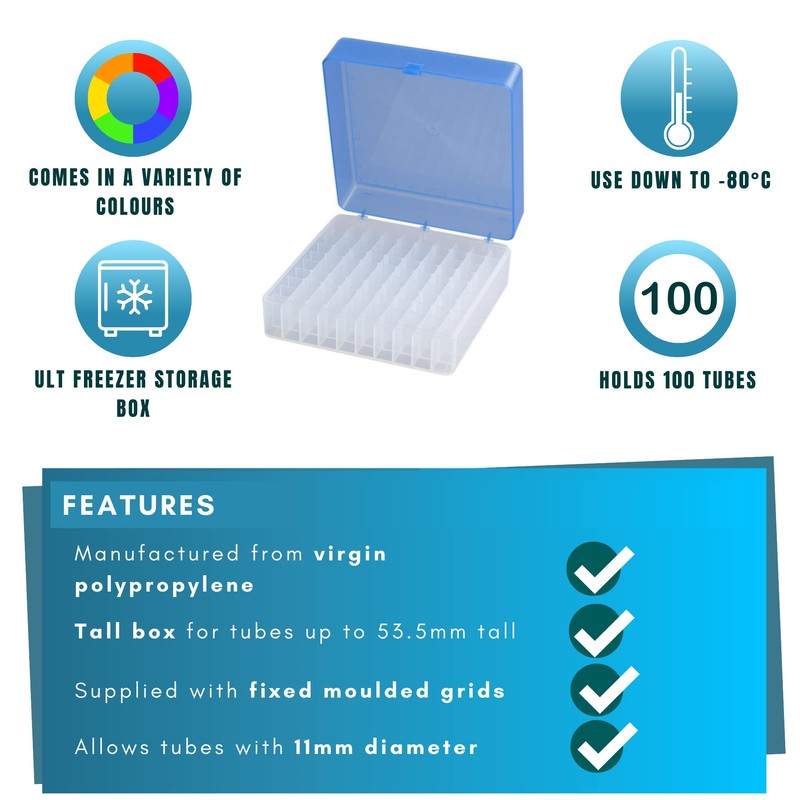 Camlab Plastics RTP/72101-B Storage Box, 100 Place, Polypropylene, Blue